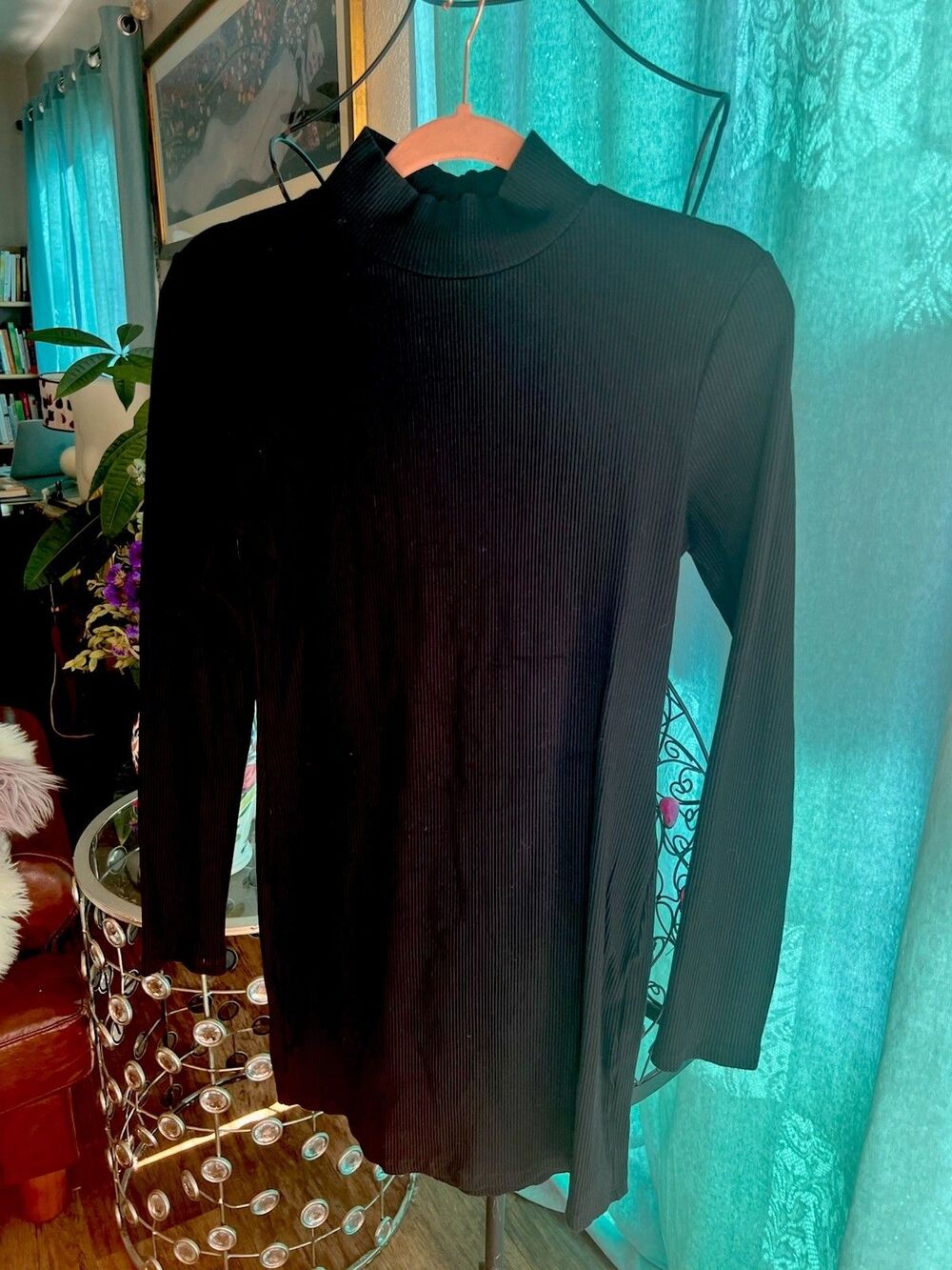 Forever 21 Tunic Dress Stretchy Ribbed Turtle Neck Black Size XL Flattering
